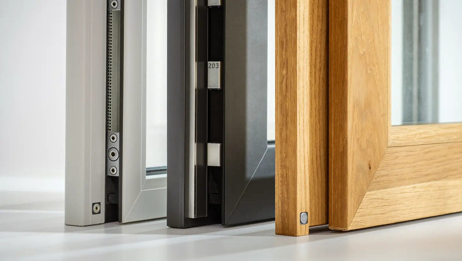 uPVC, aluminium and timber window samples lined up for comparison